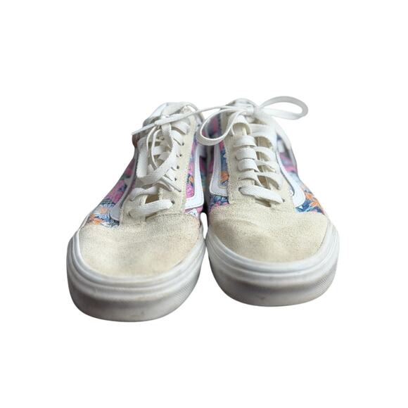VAN's Old Skool Cream Suede Leather w/ Pink Floral Print Multi-Color - W.8 - EUC - Picture 2 of 9